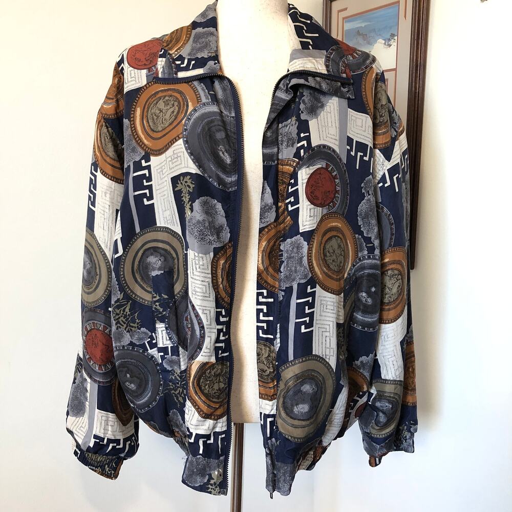 VTG 90s FUDA International Silk Bomber Jacket Womens L Graphic Print Maximalist